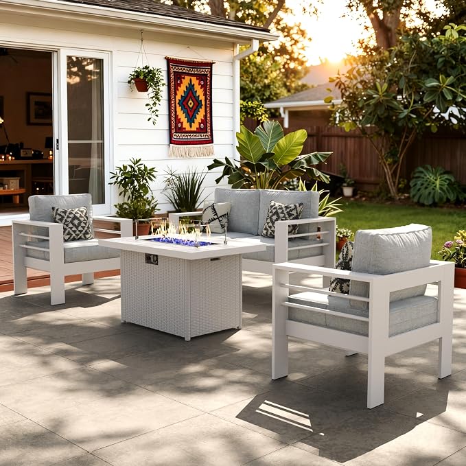 LayinSun Outdoor Aluminum Furniture Set, 4 Pieces Patio Sectional Conversation Chat Sofa Modern Seating Set with Coffee Table