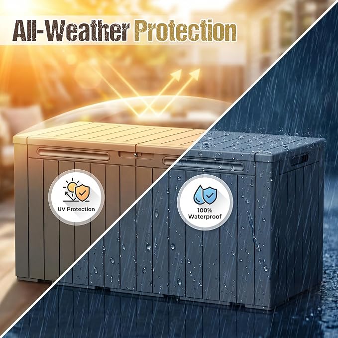 110 Gallon Deck Box Outdoor Indoor Waterproof Storage Box for Patio Furniture, Pool Accessories, Garden Tools, and Cushion Storage, Coffee
