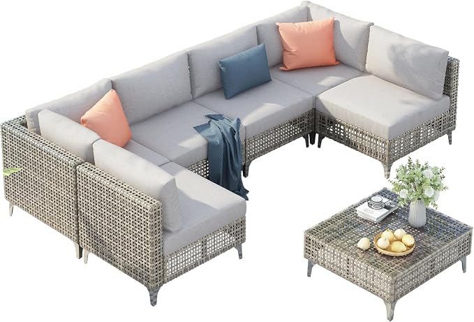 VilroCaz 7-Piece Outdoor Patio Furniture Set, Wicker Sectional Sofa wThick Seat Cushions, All-Weather Conversation Sofa Sets with Coffee Table for Outdoor Couch, Porch, Backyard (Grey-7C)