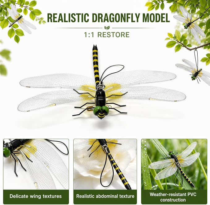 4PCS Dragon Fly Clips for Bugs Repellent - 3D Realistic Dragonfly Clips to Keep Bugs Away - Driving Away Mosquitoes, Bees & Flies - Fake Dragonflies for Indoor & Outdoor - Garden Decor, Patio, Hat