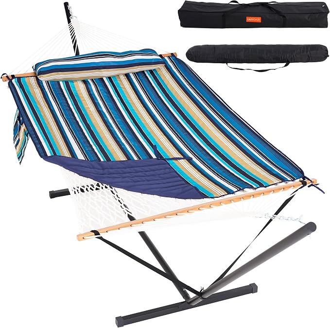 Lazy Daze Hammocks 2 Person Portable Hammock with 12FT Stand, Double Hand Woven Cotton Rope Hammock with Detachable Quilted Pad & Pillow for Outside, 450lb Capacity, Beach Stripes
