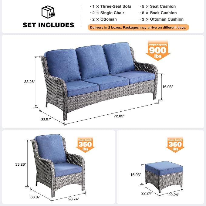 ovios 5-Pieces Patio Furniture Set, Outdoor Wicker Sofa Couch with Chairs Ottomans Comfy Cushions, High Back Modern All Weather Conversation Set, Grey Rattan, Denim Blue