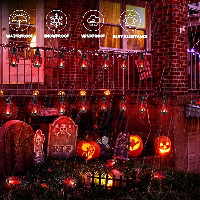 iBaycon 27FT 10 LED Solar Flame Halloween String Lights Outdoor, Red | Ultra-Real Flickering Flame Lamp Outdoor Waterproof, Solar Patio String Lights for Garden Yard Lawn Halloween Decorations