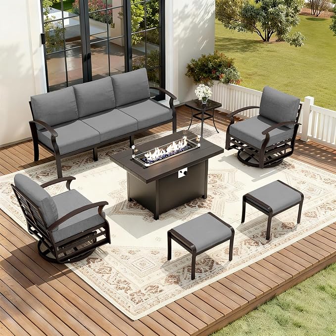 ALAULM Aluminum Patio Furniture Set with Propane Fire Pit Table 7-seat Metal Outdoor Furniture w/Swivel Chairs Patio Sectional Sofas w/2 Ottomans for Porch, Backyard, Poolside-Grey