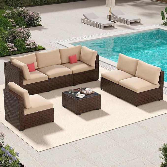 8-Piece Outdoor Wicker Patio Furniture Set with Sectional Rattan Sofa and Coffee Table Thick Cushions for Backyard Lounge(Black)