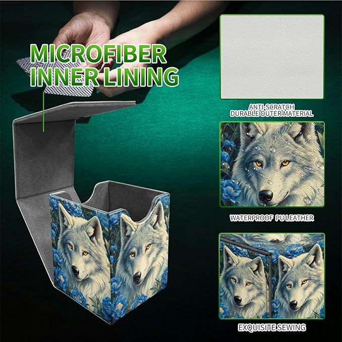 Purple Flower Wolf Card Deck Box for MTG, Personalized Card Storage Case Fits 120+ Sleeved Cards, Premium Leather TCG Box with Strong Magnetic Closure for Magic, CCG, PTCG, Baseball Cards