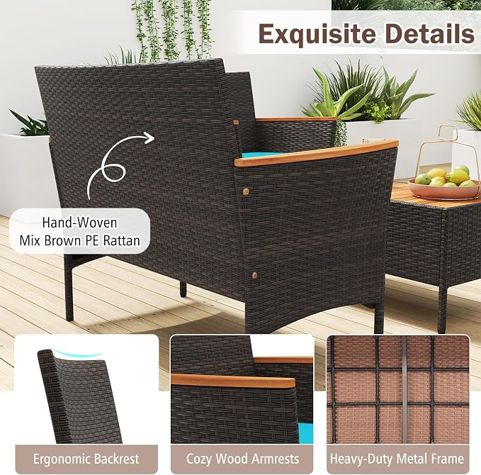 Tangkula 4 Pieces Patio Wicker Sofa Set, 2 Rattan Chairs & Loveseat w/Coffee Table, Acacia Wood Armrests & Tabletop, Outdoor Cushioned Conversation Set for Backyard, Poolside (Turquoise, 8 Pieces)
