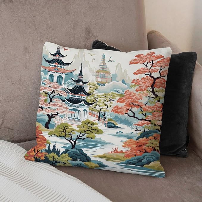 Pillow Cover Chinoiserie Pagoda White Coral Blue Pillowcase Retro Chinoiserie Chic Asian Pillow Cover Accent Modern Decorative Pillow Covers for Couch Sofa Bedroom Car 20x20 in