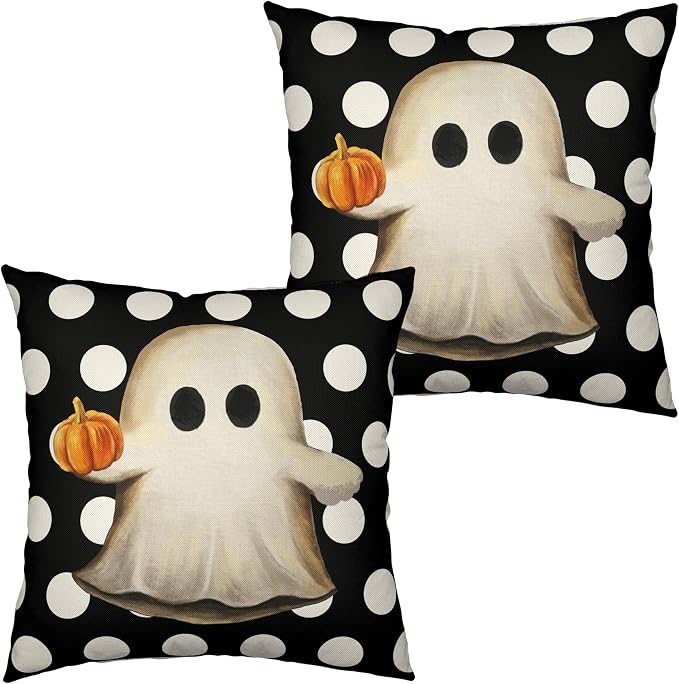 Cute Ghost Halloween Decor Pillow Covers White and Black Halloween Pillow Covers Ghost with Pumpkin Pillow Case 24x24 Set of 2 Horror Scary Cushion Case for Home Sofa