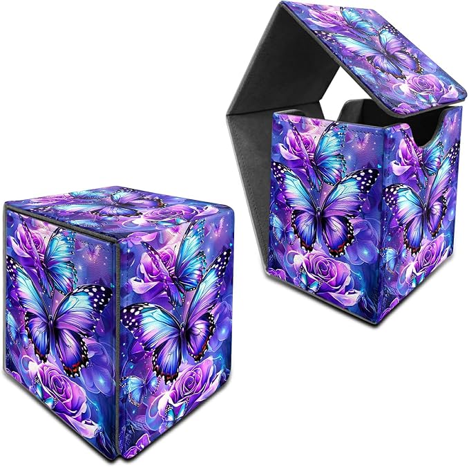 Deck Box for MTG, Cards Storage Box Fits 120+ Sleeved, Leather Medium Size Strong Magnetic Closing Card Case for Board Games Magic TCG CCG Baseball Collection, Purple Butterfly Flower
