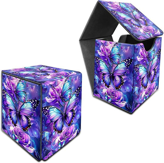 Deck Box for MTG, Cards Storage Box Fits 120+ Sleeved, Leather Medium Size Strong Magnetic Closing Card Case for Board Games Magic TCG CCG Baseball Collection, Purple Butterfly Flower