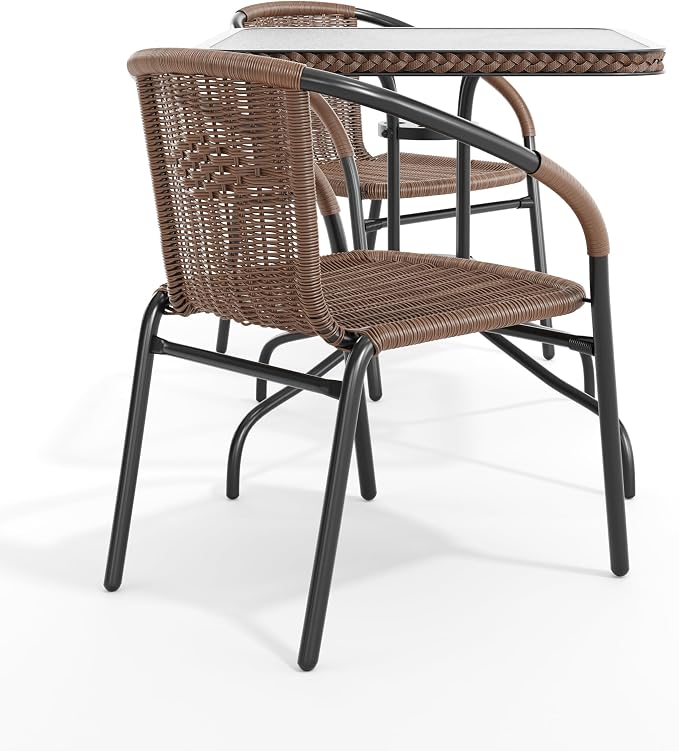 Flash Furniture Lila 3-Piece 28" Square Indoor/Outdoor Patio Table and Chairs Set, Glass Metal Bistro Table and 2 Stacking Rattan Chairs, Brown | Tempered Glass, Dark Brown Rattan Edging, 2 Rattan Stack Chairs
