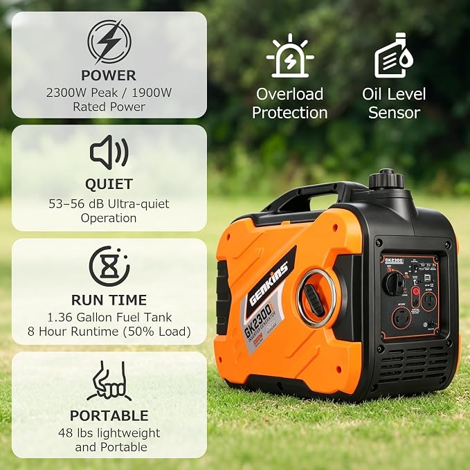 GENKINS 2300 Watt Portable Inverter Generator Gas Powered Ultra Quiet for RV Ready Outdoor Camping Home Backup
