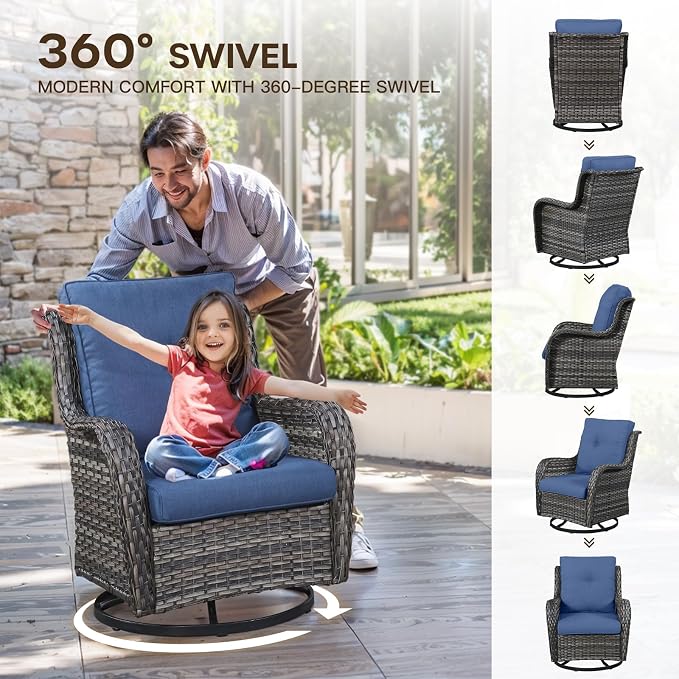 Patio Loveseat Glider Set, Resin Wicker Loveseat Glider with 2 Swivel Patio Chiars Coffee Table and Side Table, 5 Piece Patio Furniture Set Loveseat Set, Grey Wicker|Blue Cushions