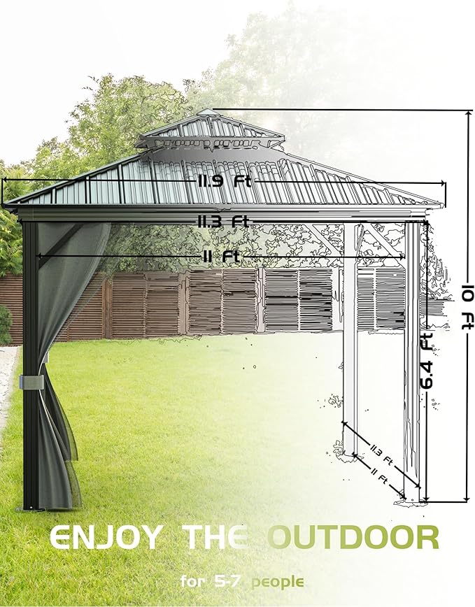 12x12 FT Hardtop Gazebo with Double Metal Roof, Aluminum Frame Permanent Pavilion with Curtains and Netting, Outdoor Gazebo for Patio Backyard Lawns