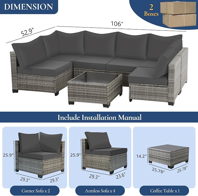 FHFO 7 Piece Outdoor Wicker Patio Furniture Set, Grey/Dark Grey | Sectional Sofa | All-Weather Hand-Woven Rattan | Tempered Glass Coffee Table | Free Combination | Indoor & Outdoor Use