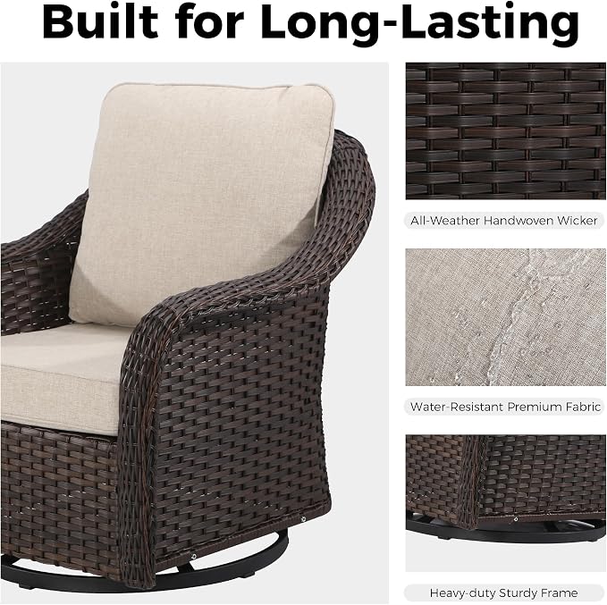 Outdoor Wicker Swivel Chair Set of 2, All-Weather Use Patio Rattan Chair with Seat and Back Cushion, Ideal for Porch, Backyard, Balcony, Poolside, Beige