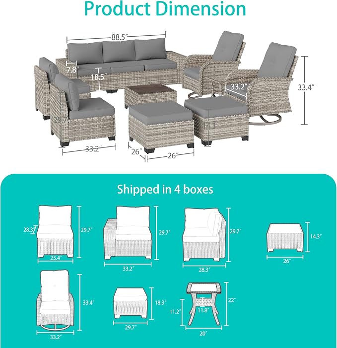 11-Piece Outdoor Patio Furniture Set with Rocking Swivel Chair Wicker Sectional Sofa Set, Patio Conversation Set with Ottomans & Coffee Table for Garden, Backyard, Poolside, Grey