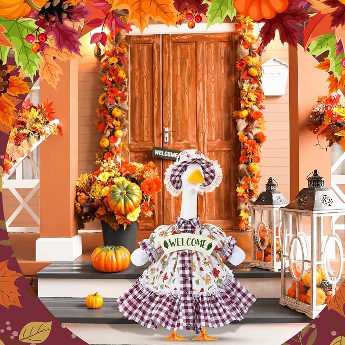 FuWeave Fall Porch Goose Outfit Maple Goose Costume Fancy Porch Geese Clothes with Wide Hat for 23" 17" Outdoor Patio