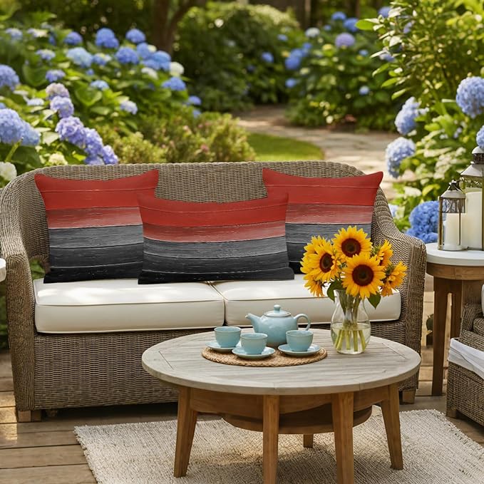 Red Gray Black Outdoor Pillow Covers 20x20 Inch Throw Pillow Covers Set of 2 Waterproof Decorative Pillow Cases Vintage Country Gradient Wooden Grain Cushion Covers for Patio Furniture Garden Couch