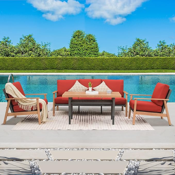 Domi Outdoor Wicker Patio Furniture Sets 4 Pieces, All-Weather Aluminum Rattan Padded Sofa Patio Conversation Sets with 2 Pillows for Porch Deck Garden(Red)