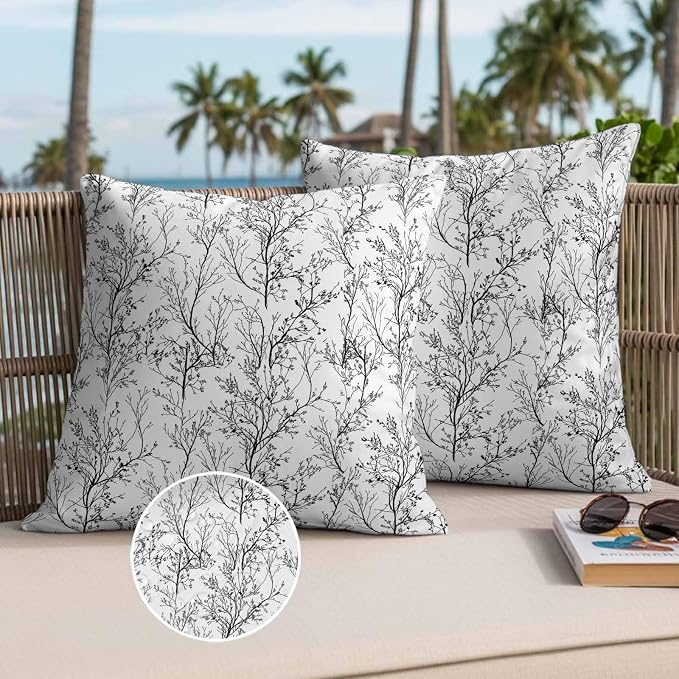 Black White Branches Waterproof Outdoor Pillow Covers Set of 2 Home Decor, Abstract Art Leaves Plant Pillowcase Patio Pillow Covers for Couch Bench Patio Furniture Garden 18x18in