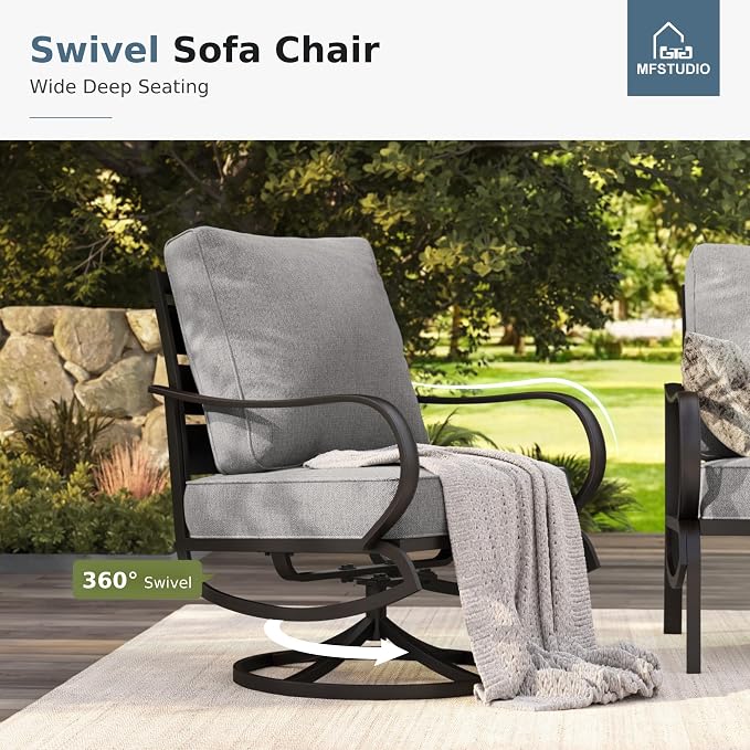 MFSTUDIO 6 Pieces Metal Patio Furniture Sets, 2 Swivel Chairs, 3-Seat Loveseat Sofa, 2 Patio Chairs & 1 Marbling Coffee Table, All Weather 7 Seats Outdoor Conversation Set for Garden Backyard, Grey