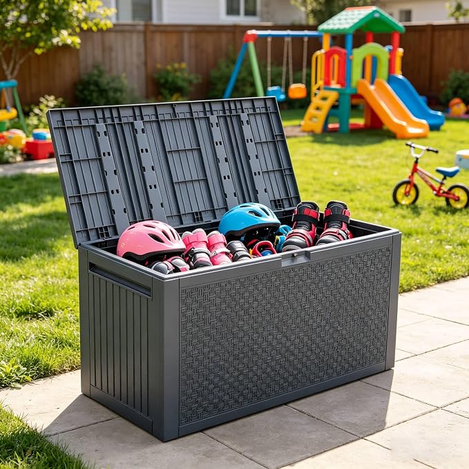 90 Gallon Large Outdoor Storage Box, Indoor and Outside Deck Box with Lockable Design Lids, Waterproof Resin Storage Containers Bin for Garden, Garage, Patio, Poolside, Toy Storage Grey