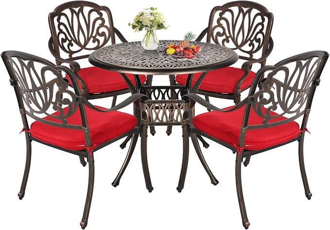 TITIMO 5-Piece Cast Aluminum Outdoor Patio Dining Set, 4 Pattern Chairs and 35.4" Round Table,Cast Aluminum Conversation Set with 2.2” Umbrella Hole 1 Round Table and 4 Chairs with Cushions (Red)