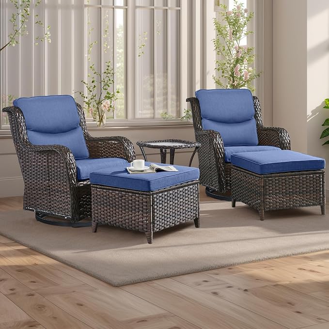 Rilyson Wicker Patio Furniture Set - 5 Piece Rattan Outdoor Sectional Conversation Sets with 2 Swivel Rocking Chairs,2 Ottomans and 1 Side Table for Porch Deck Garden(Brown/Blue/Smile)