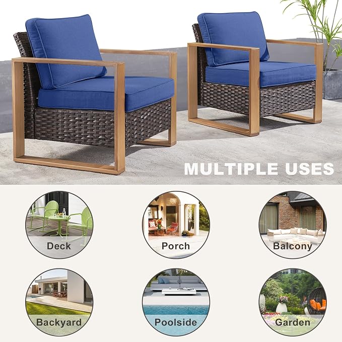 Rilyson Wicker Outdoor Patio Chairs Set of 2, Rattan Patio Furniture Chairs with Sturdy Frame,All-Weather PE Wicker,Wide Armrest,Deep Seating and Thick Cushions for Deck Porch Garden(Brown/Blue)