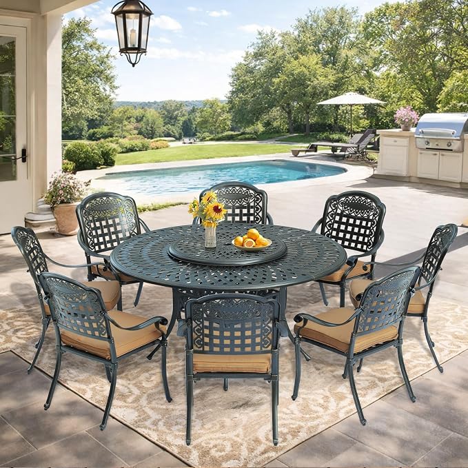 VIVIJASON 9-Piece Outdoor Furniture Dining Set, Rust-Free Cast Aluminum Patio Conversation Set, Include 8 Cushioned Chairs & 61" Round Dining Table with 31" Lazy Susan, Umbrella Hole, Khaki