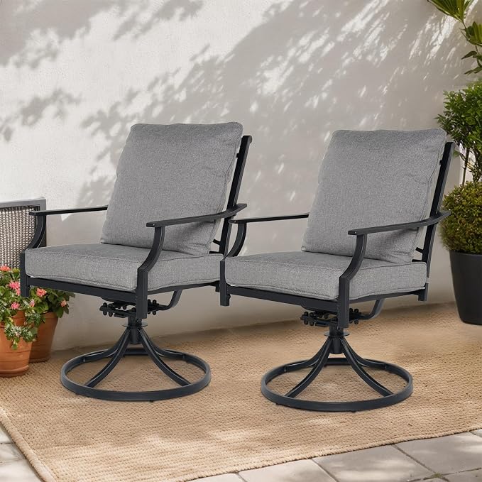 Grand patio Dining Chairs Set of 2，Outdoor Swivel Patio Dining Chairs Set of 2，Swivel Rocker Dining Chair，Outdoor Dining Chairs with Grey Cushions, Patio Chairs for Outside, Garden Lawn Porch