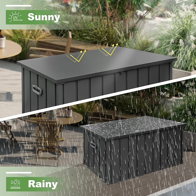 Domi 100 Gallon Deck Box, Outdoor Metal Lockable Storage Cabinet, Waterproof Steel Outdoor Bench with Lockable Lid, Side Handles & Rolling Casters for Outside Cushions, Pillows, Garden Tools, Grey