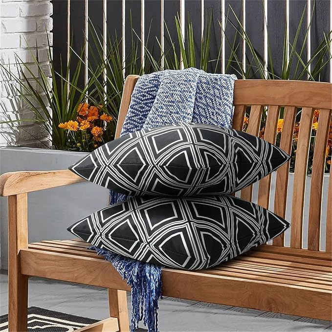 Outdoor Waterproof Black Pillow Covers Set of 2 Farmhouse 18x18 Inch | Outdoor Pillow Covers Patio Furniture Farmhouse Garden Porch Bench Sofa