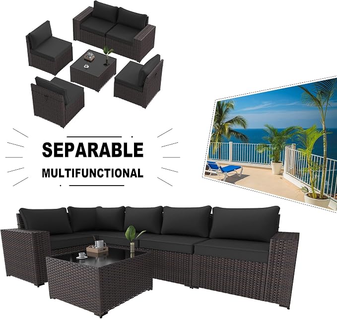 Kullavik Outdoor Patio Furniture Set 6 Pieces Sectional Rattan Sofa Set Brown PE Rattan Wicker Patio Conversation Set with 5 Seat Cushions and 1 Tempered Glass Table,Black