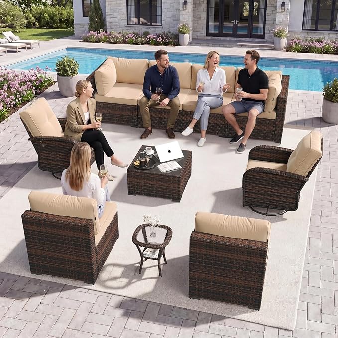Aoxun 10 Piece Outdoor Patio Furniture Set with Coffee Table, Wicker Rattan Outdoor Furniture with High Back Swivel Rocker Chairs, Outdoor Conversation Set with Thick Cushion & Ottoman, Beige