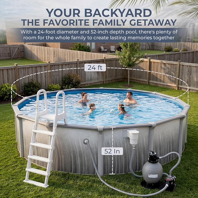 Blue Wave Martinique 24-ft Round 52-in Deep Hard Sided Above Ground Pool Kit with 7-in Steel Top Rails, Dual-Speed Sand Filter System, Ladder, Liner, Skimmer & Maintenance Kit – 12,600 Gallon Cap