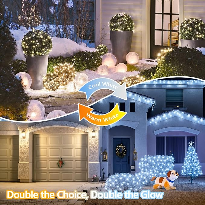 Solar Fairy Lights, 2 Pack Total 400LED 144FT Warm White to Cool White | Waterproof Color Changing Solar String Lights Outdoor, Copper Wire, 8 Modes Solar Twinkle Lights for Tree Garden Yard Decor