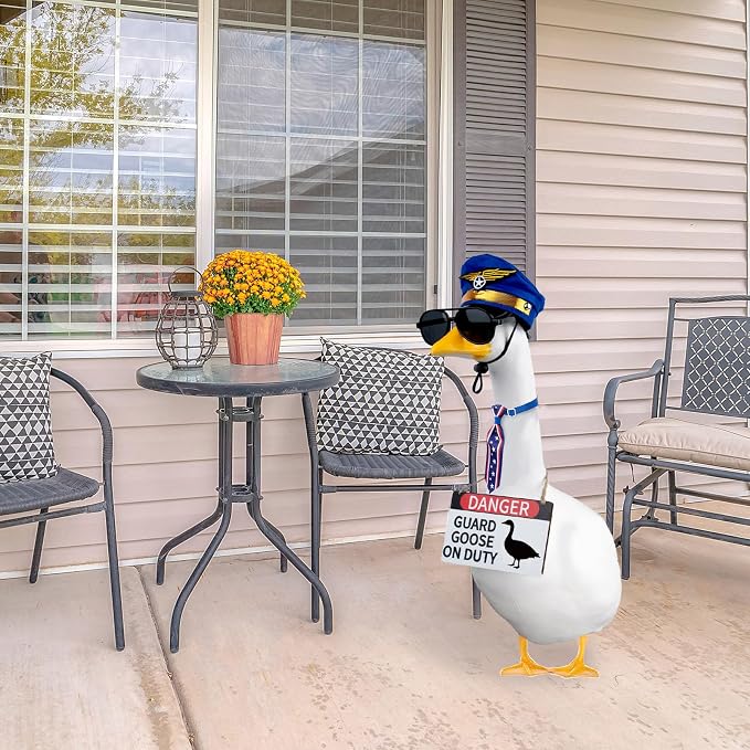 CAMDUCK 4 Pcs Porch Goose Accessories Porch Goose Sign Air Force Hat Eyeglasses Necktie Wooden Danger Guard Goose on Duty Warning Sign Goose Outfits Decor for Yard Porch Lawn