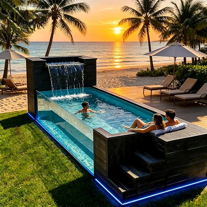 20/40FT Container Swimming Pool with SPA System, Luxury Above Ground Prefab Modular Steel Pool with Glass Window, Smart Temperature Control, Filtration & LED Lighting for Backyard Resort Hotel Villa