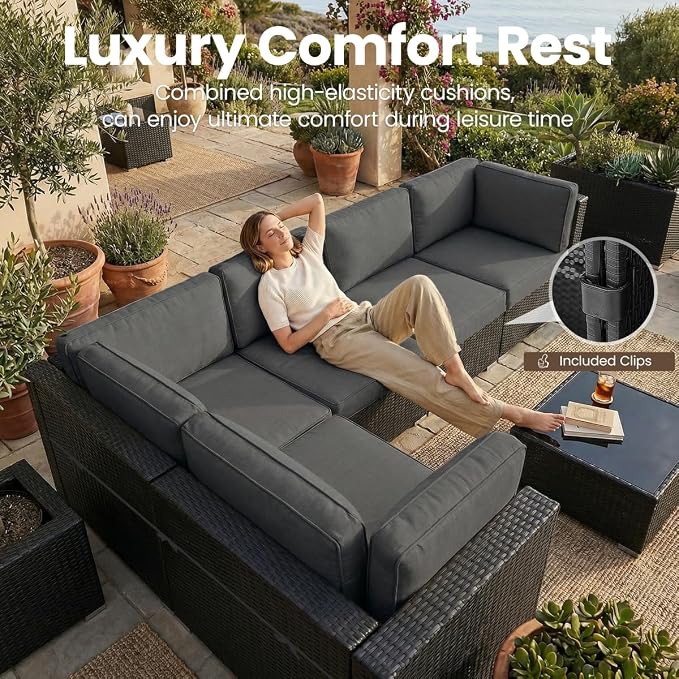 15 Pieces Patio Furniture Set with 44" Propane Gas Fire Pit Table, Outdoor Sectional Wicker Conversation Sofa Sets with Coffee Table