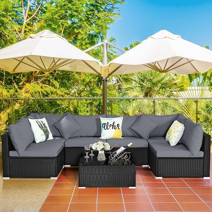 Tangkula 7-Piece Patio Furniture Set, Outdoor Sectional Sofa with Pillows and Cushions, Wicker Conversation Set with Coffee Table and Tea Table for Garden, Lawn (Grey)