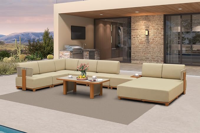 PURPLE LEAF Patio Furniture Set Modular U-Shaped Outdoor Sectional Sofa with 11" Thick Olefin Cushion 8-Piece Outdoor Conversation Set w/Daybed & Ottoman for Backyard Poolside Table Included, Beige