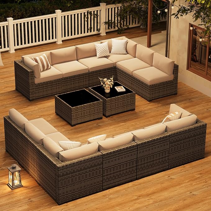 LazySunsets 14-Piece Patio Furniture Set, Wicker Rattan Outdoor Furniture with Thick Cushions, Patio Conversation Sets with Coffee Table, Outdoor Sectional Couch Sofa, Beige