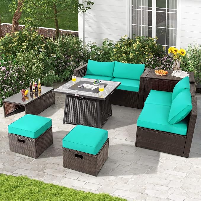 Tangkula 9 Pieces Outdoor Patio Furniture Set with 35-Inch Propane Fire Pit Table, Outdoor PE Wicker Sectional Sofa Set with Storage Box and Cushions, 50,000 BTU Gas Fire Pit Table (Turquoise)