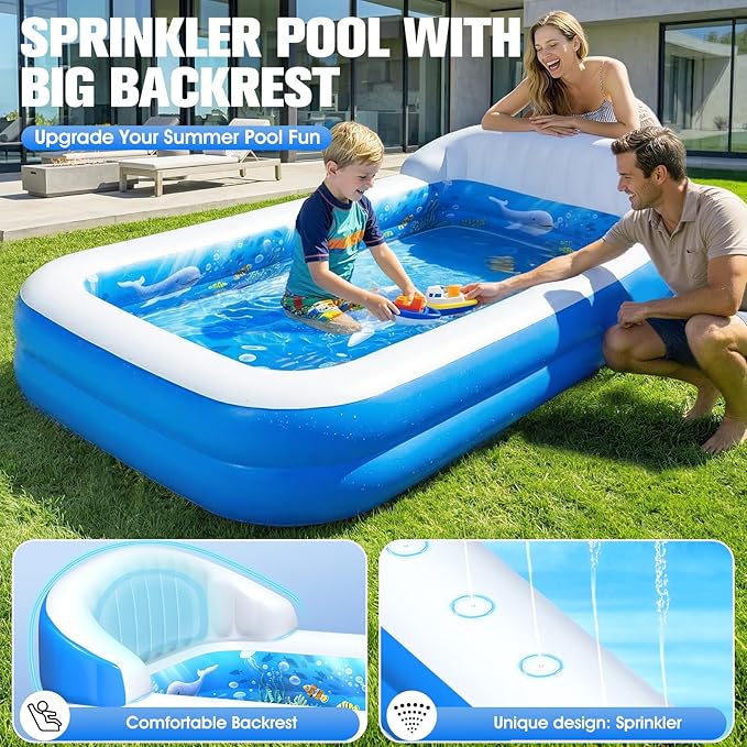 2026 Inflatable Pool with Sprinkler,Durable Blow up Pool with Big Backrest, Rectangle Kid Pool Backyard,Children Swimming Pool,Small Inflatable Kiddie Pool,Outdoor Water Pool for Kid68×38×22IN