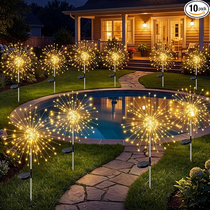 btfarm 10 Pack Solar Garden Lights Outdoor, 8 Modes Firework Lights Outside | 120LED, Waterproof Fairy Twinkle Light Solar Powered for Yard Christmas Pathway Lawn Pool Patio Decorative, Warm White