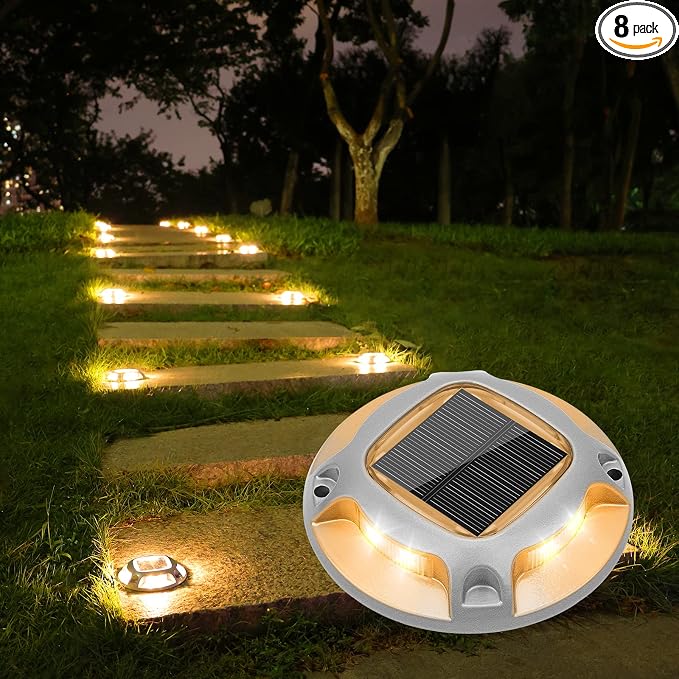 VOLISUN Solar Driveway Marker Lights Dock Marine Led Deck Outdoor 8 Pack | 2 Colors in 1,Solar Powered Waterproof Warning Step Lights for Pathway Garden Sidewalk(White/Warm White)