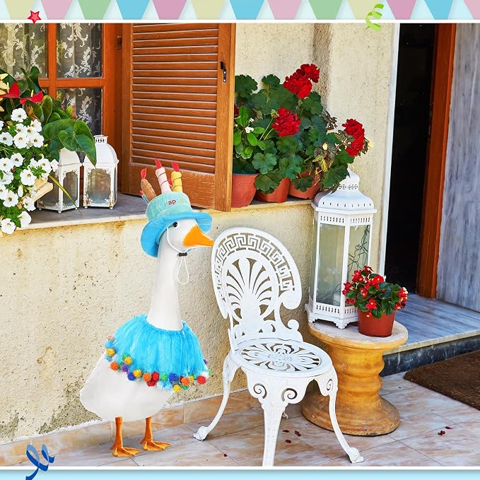 Aliceset Happy Birthday Porch Goose Outfit Lawn Goose Clothes Hat and Tutu Collar Goose Outfits for 23" Cement/Plastic Porch Goose Outdoor Statue Patio Yard Lawn Art(Blue)